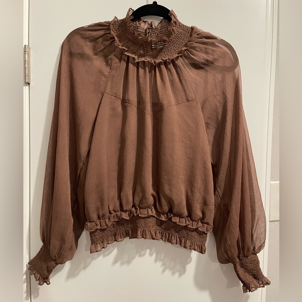 Blu Pepper Brown Bishop Sleeve Ruffled Blouse